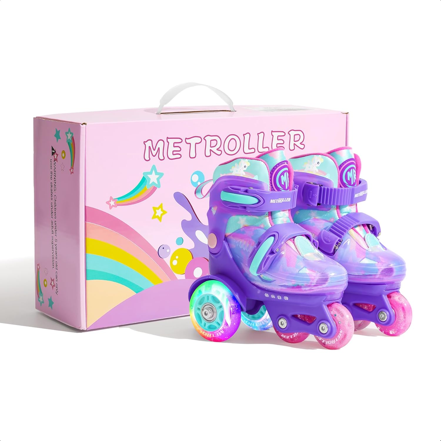 METROLLER Adjustable Kids Balance Roller Skates for Toddler Ages 3-6 Rainbow Unicorn Dinosaurs Illuminating Rollerskates for Girls Boys Ages 5-8 Three-Point Type Suitable for Beginners - Image 6