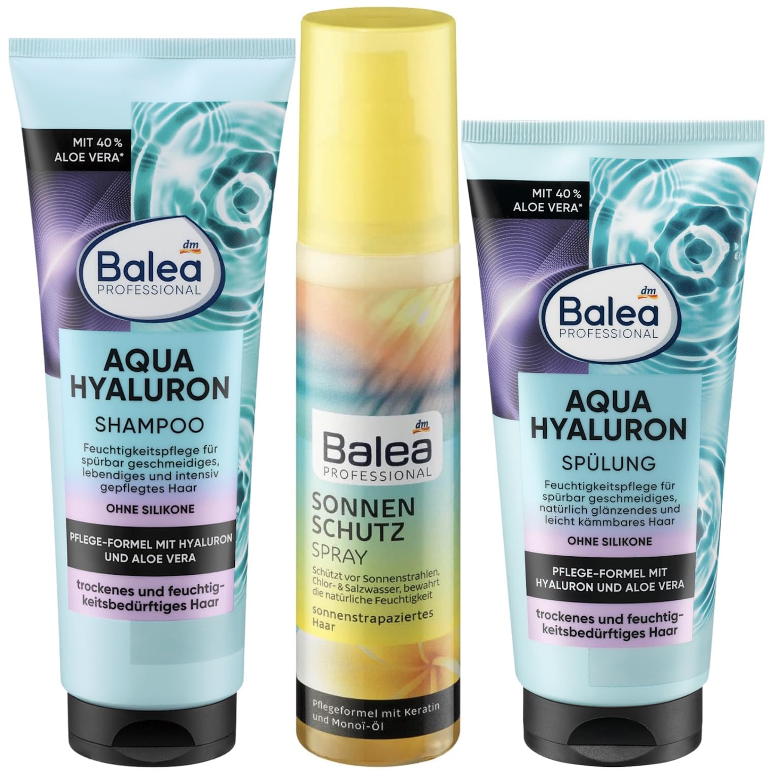 Balea Professional Haarpflege 3er-Set: SHAMPOO Aqua Hyaluron (250 ml),  SONNENSCHUTZ Spray (150 ml), CONDITIONER Splung Aqua Hyaluron (200 ml),  500 ml : Amazon.de: Kosmetik
