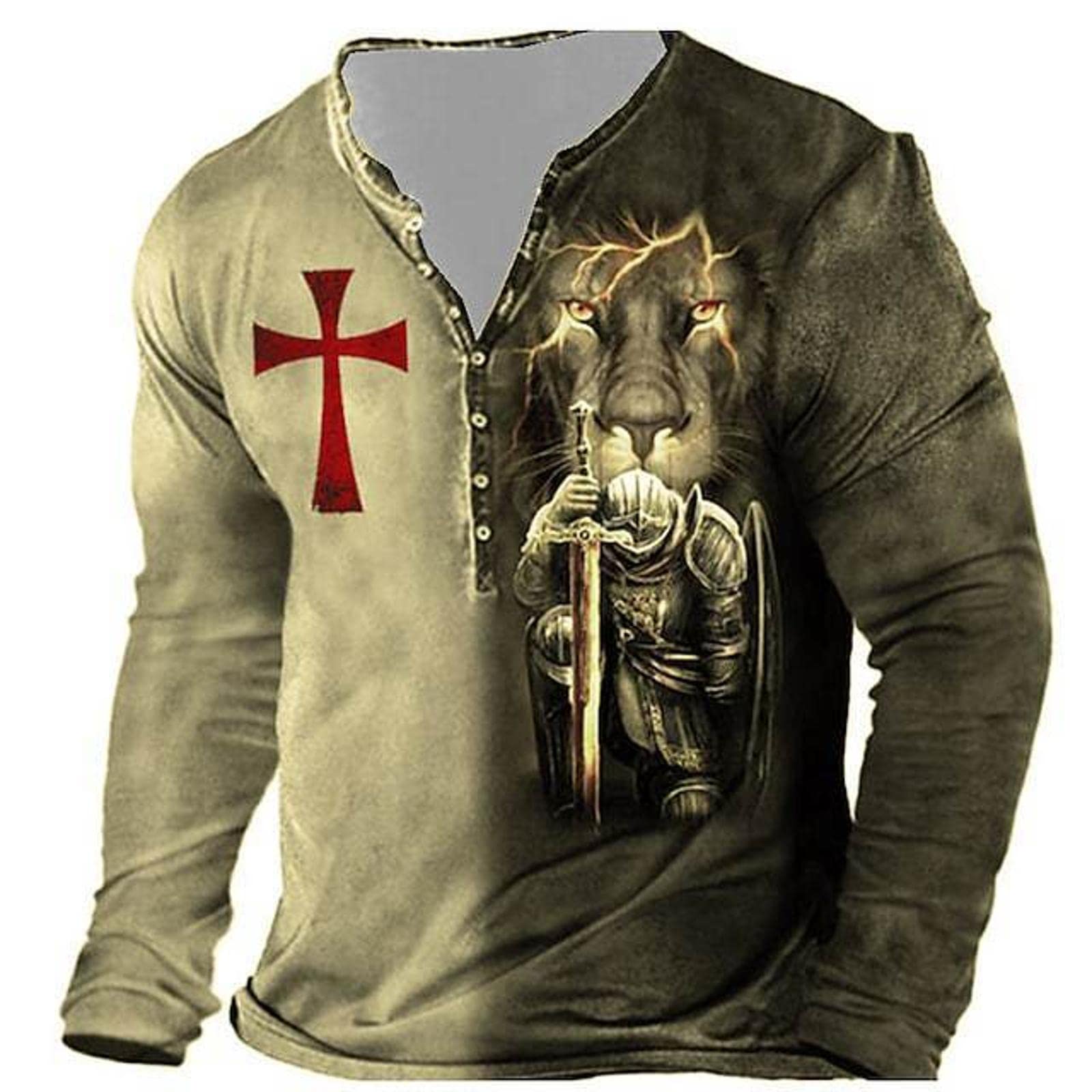 MTINDOMen's Knights Print Long Sleeve T Shirt Henley Collar Street Fashion Outdoor Sports Hip Hop TShirts