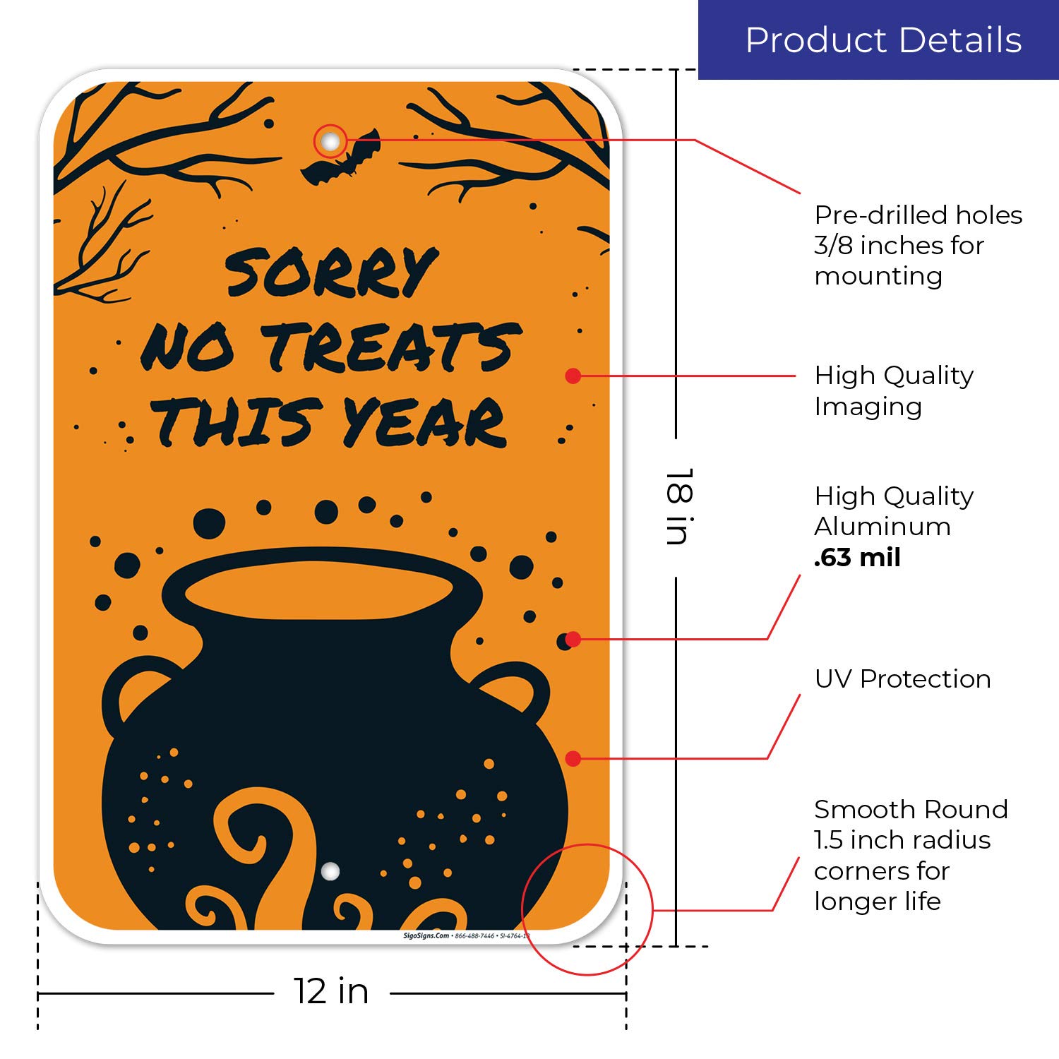 Halloween Decorations Sorry No Treats This Year Sign, Cauldron, Bats, 12x18 Inches, Rust Free .063 Aluminum, Fade Resistant, Made in USA