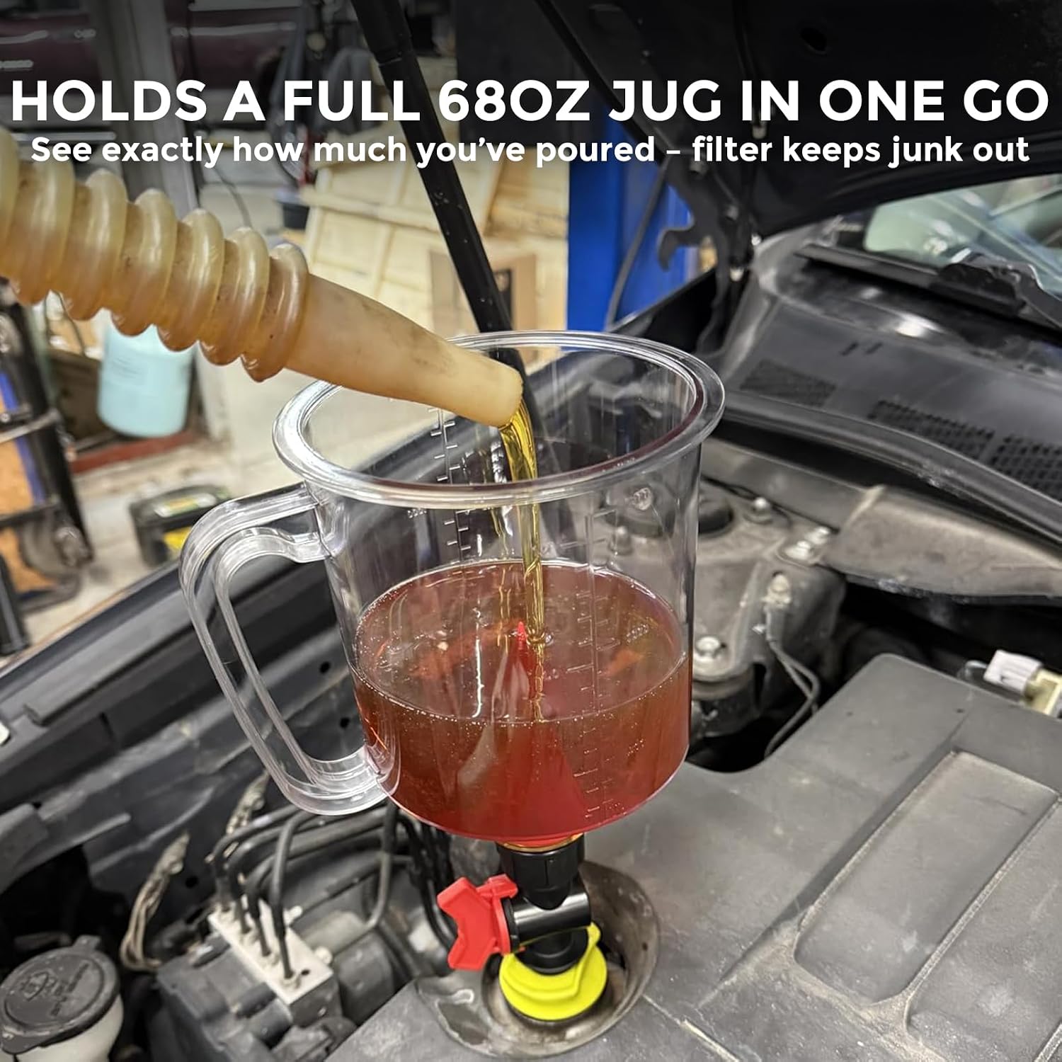 Spill-Proof Oil Funnel Kit 51oz - Master Engine Oil Change Funnel with Shut-Off Valve, 12-15 Adapters, Elbow Fitting, Arrow Screen Filter & Transparent Scale for All Cars Motorcycles