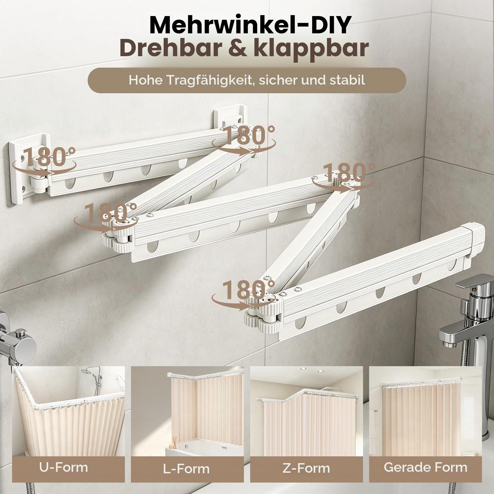 Faltbare Duschvorhangstange ohne Bohren 1,8x2m, 4/5-Fach Faltbarer Duschvorhang mit Stange Wasserdicht, L-Form/U-Form/Gerade Verstellbar, Platzsparend für Kleine Badezimmer, Wohnmobile