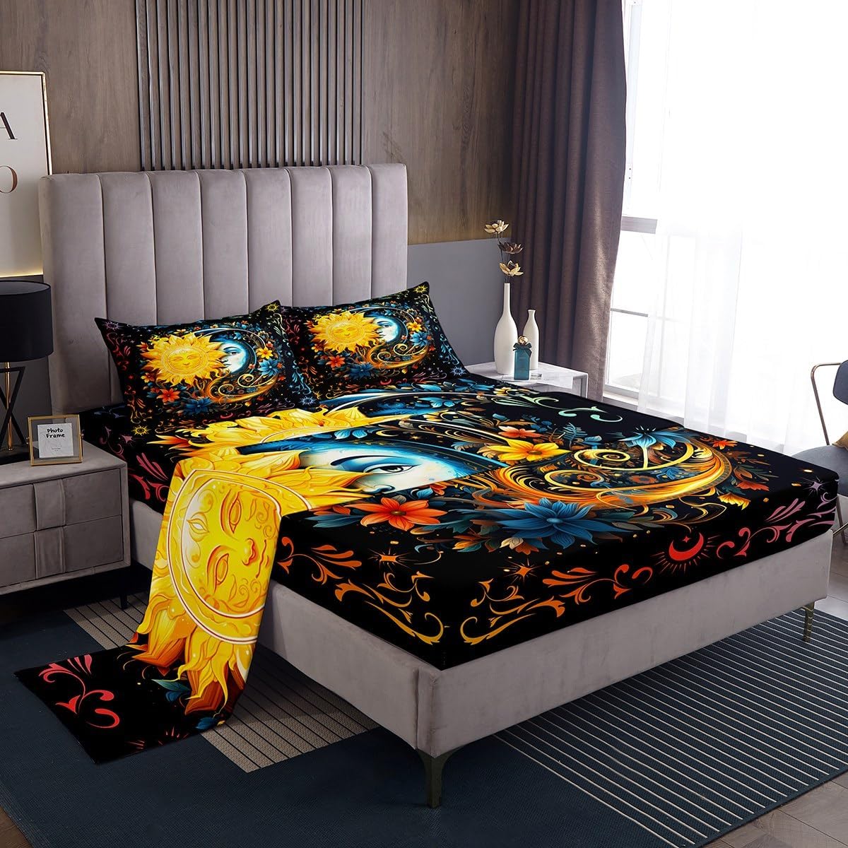 Rustic Farmhouse Style Bed Sheet Set Queen,Bohemian Sun Moon Watercolor Flowers Floral Soft Microfiber Sheet Set,Watercolor Galaxy Wild Plants Fitted Sheet + Flat Sheet + 2 Pillow Cases