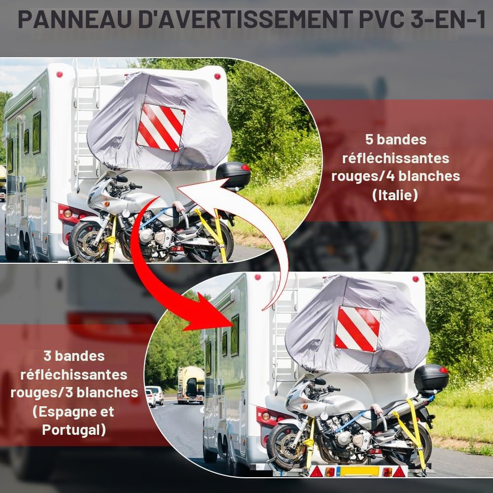 Panneau Signalisation Porte Velo, 3 en 1 Panneau D'Avertissement Italie et Espagne, 50 X 50 cm Aluminium Panneau Avertissement Porte Vélo avec 4 Sangles de Serrage pour Porte Vélo Arrière Camping-Car