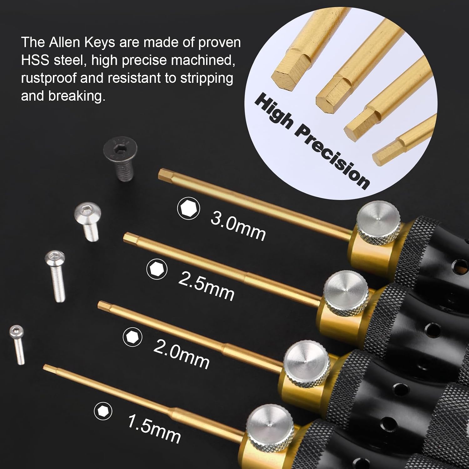 HobbyPark Titanium Hex Driver Allen Screwdriver Set 1.5mm 2.0mm 2.5mm 3.0mm Extended Thickened Handle for RC Crawler RC Car Truck Buggy On Road Touring Drift (Black & Gold Handle)