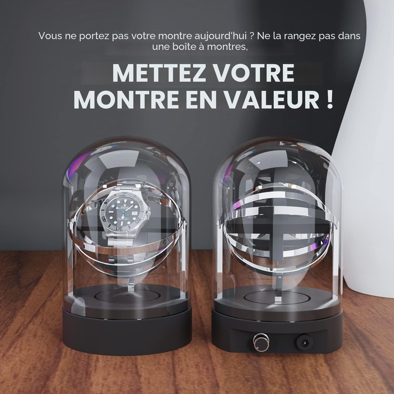 Elestoria Remontoir de montre Orbit - Remontoir de montre automatique avec couvercle en verre | Moteur silencieux, rotation gyroscope, boîte de remontoir mécanique de luxe, Argenté, Rétro