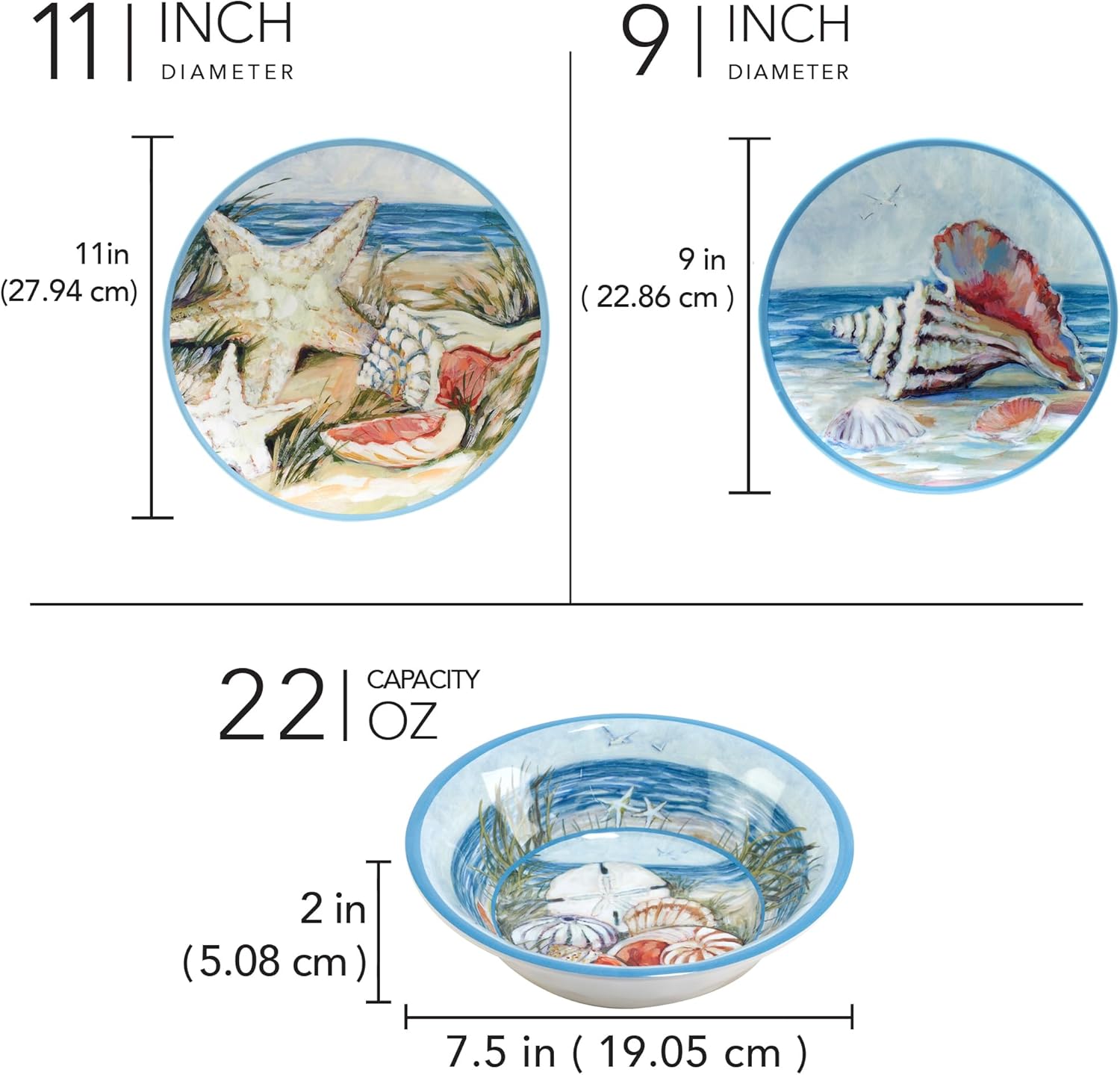 Seacoast Melamine 12 Piece Dinnerware Set – Coastal Beach-Themed Plates and Bowls, Service for 4 with Shell and Ocean Art, Break-Resistant BPA-Free Reusable Dinnerware, Dishwasher Safe Indoor/Outdoor