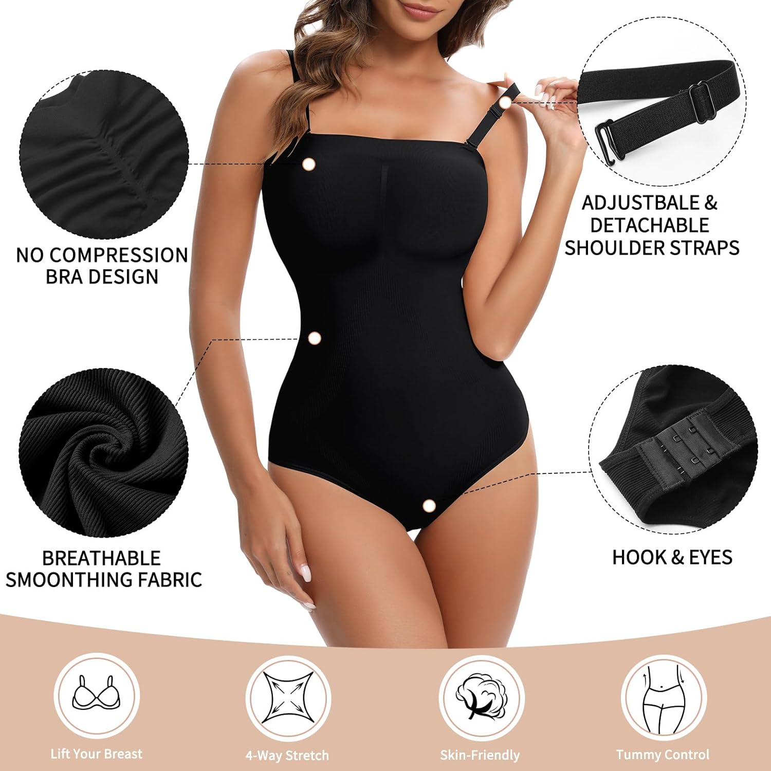 Strapless Shapewear Bodysuit - Tummy Control & Butt Lifter for Women, Adjustable Straps, Thong Tank Top, Black, Small - Image 2