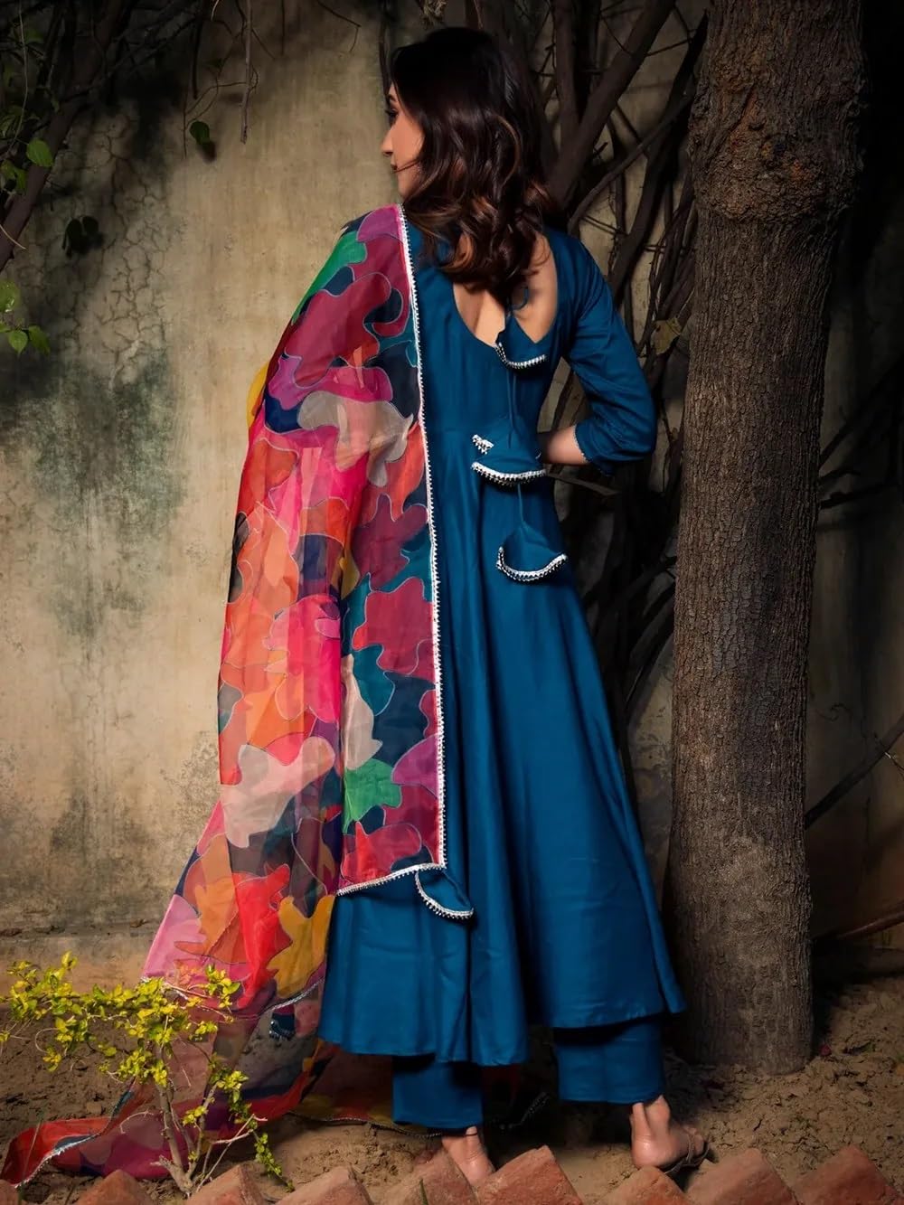 Sugathari Women's Blue Floral Print Tiered Midi Fit & Flare Dress With Digital Printed Dupatta (Dress2 112 Blue 3Xl)