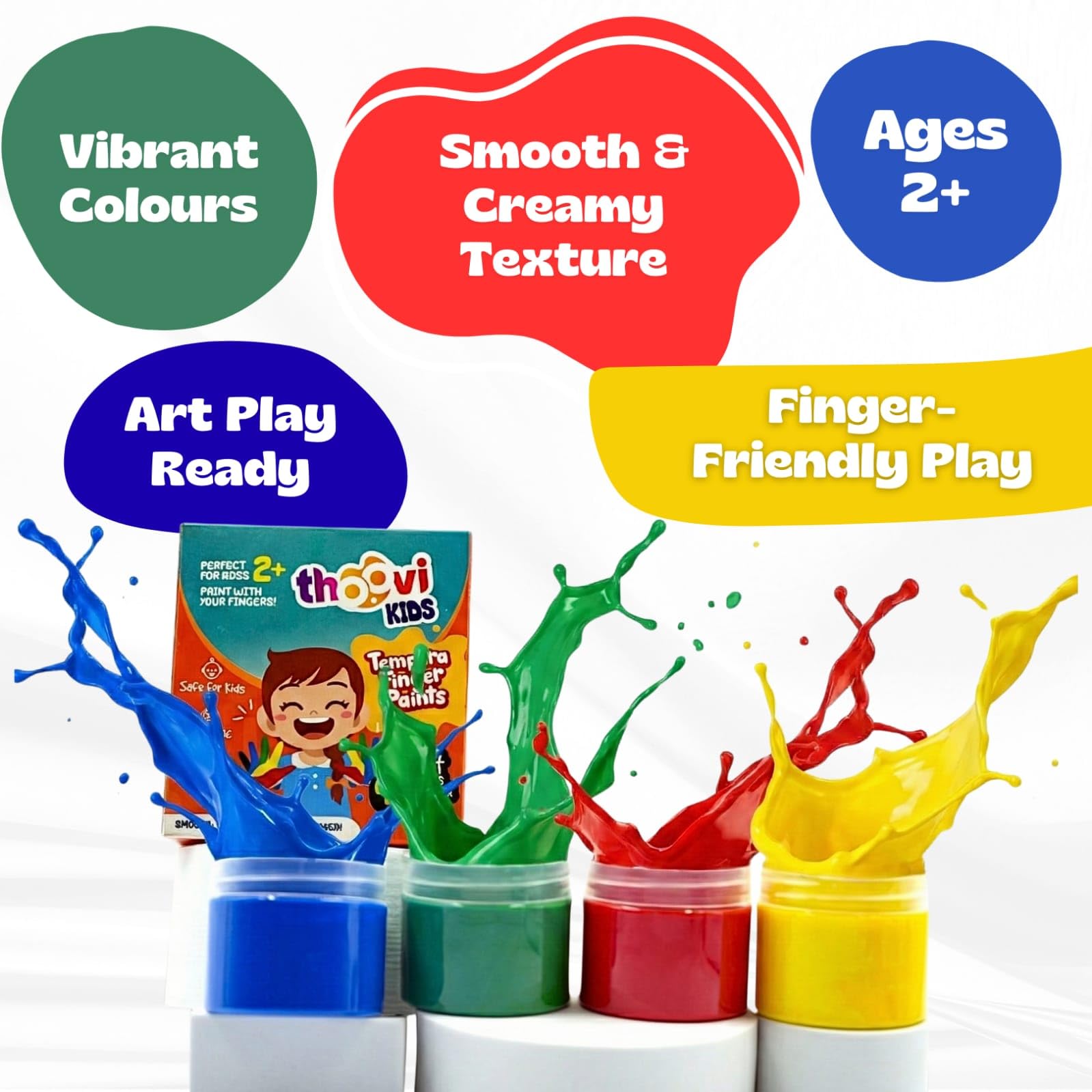 Washable Finger Paints for Toddlers, Safe Non-Toxic Tempera Paints, 4 x 50ml Vibrant Colors, Baby Safe Paint for Hand and Feet, Mess Free Art Supplies for Kids, Preschool Learning Gifts, Ages 2+ 1