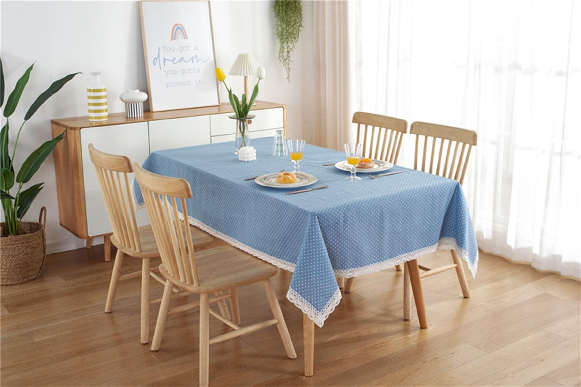 Tovaglia rettangolare 140 x 220 cm in poliestere lavabile per 68 persone blu tinta unita con bordo ricamato decorazione da tavolo stile country accessorio ideale per la casa