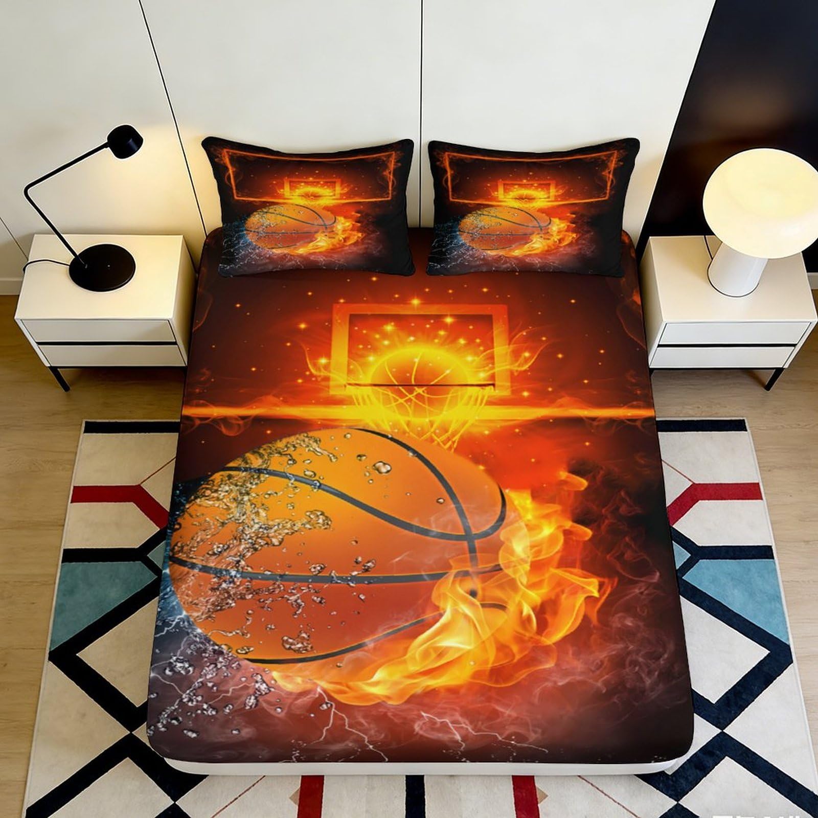 3D Printed Flaming Basketball Fitted Sheet Microfiber Soft Durable Fire Hoop Bed Cover for Bedroom Dormitory Guest Room Mattress Protection 140x200x25cm