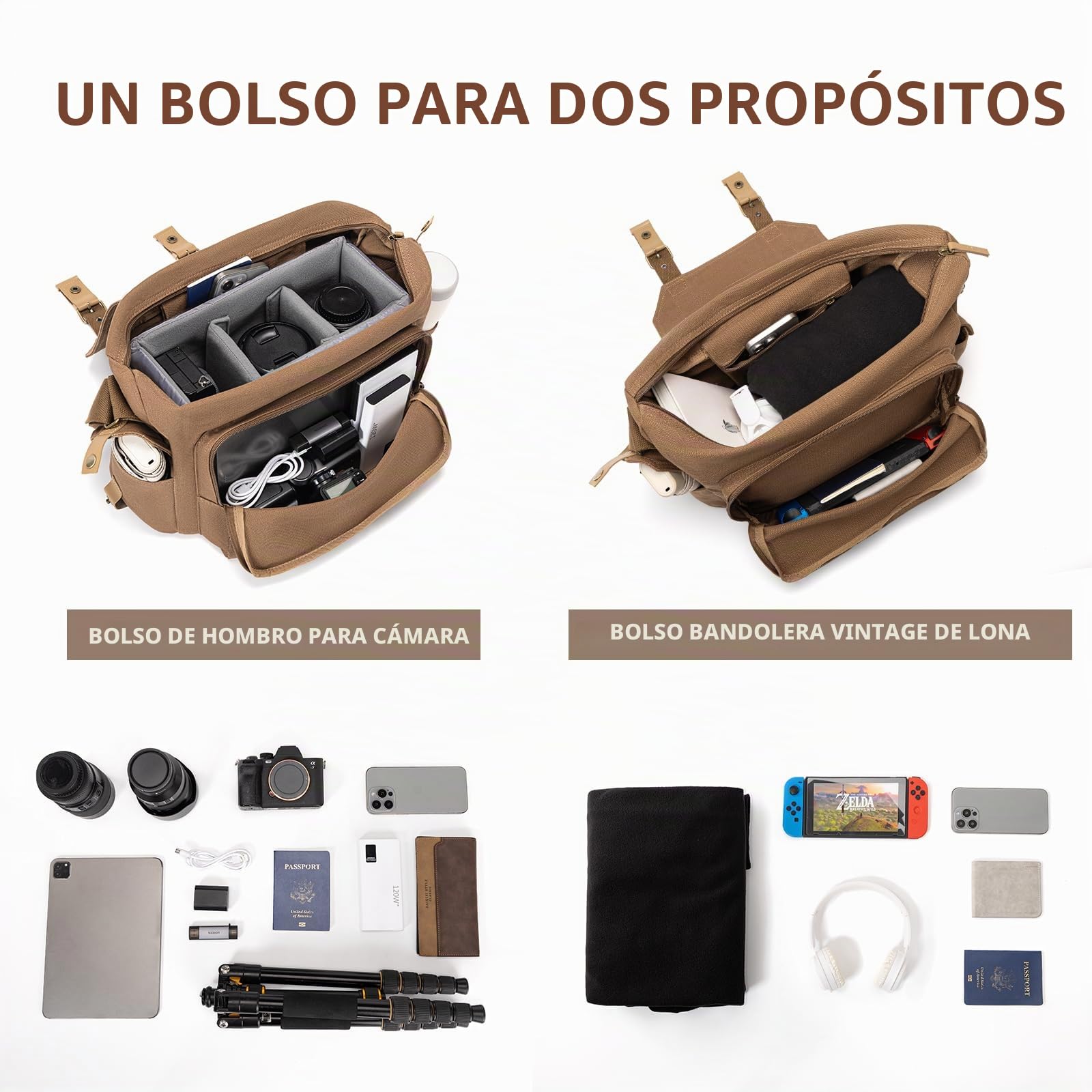 Luakug - Bolsa para cámara réflex, Bolsa de Hombro para cámara con Material Impermeable y Acolchado Desmontable, Compatible con cámaras réflex Canon Nikon Sony (marrón)