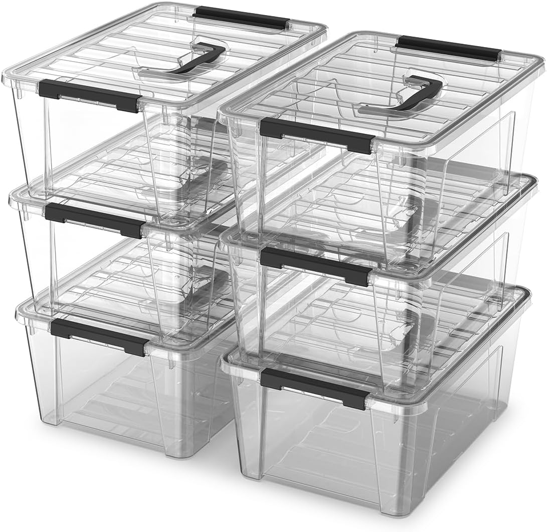6-Pack 5 Litre Plastic Storage Boxes Clear, Multi-purpose stacking storage box, with a lid and handles, Collection Boxes for office, home, school and arts and crafts storage
