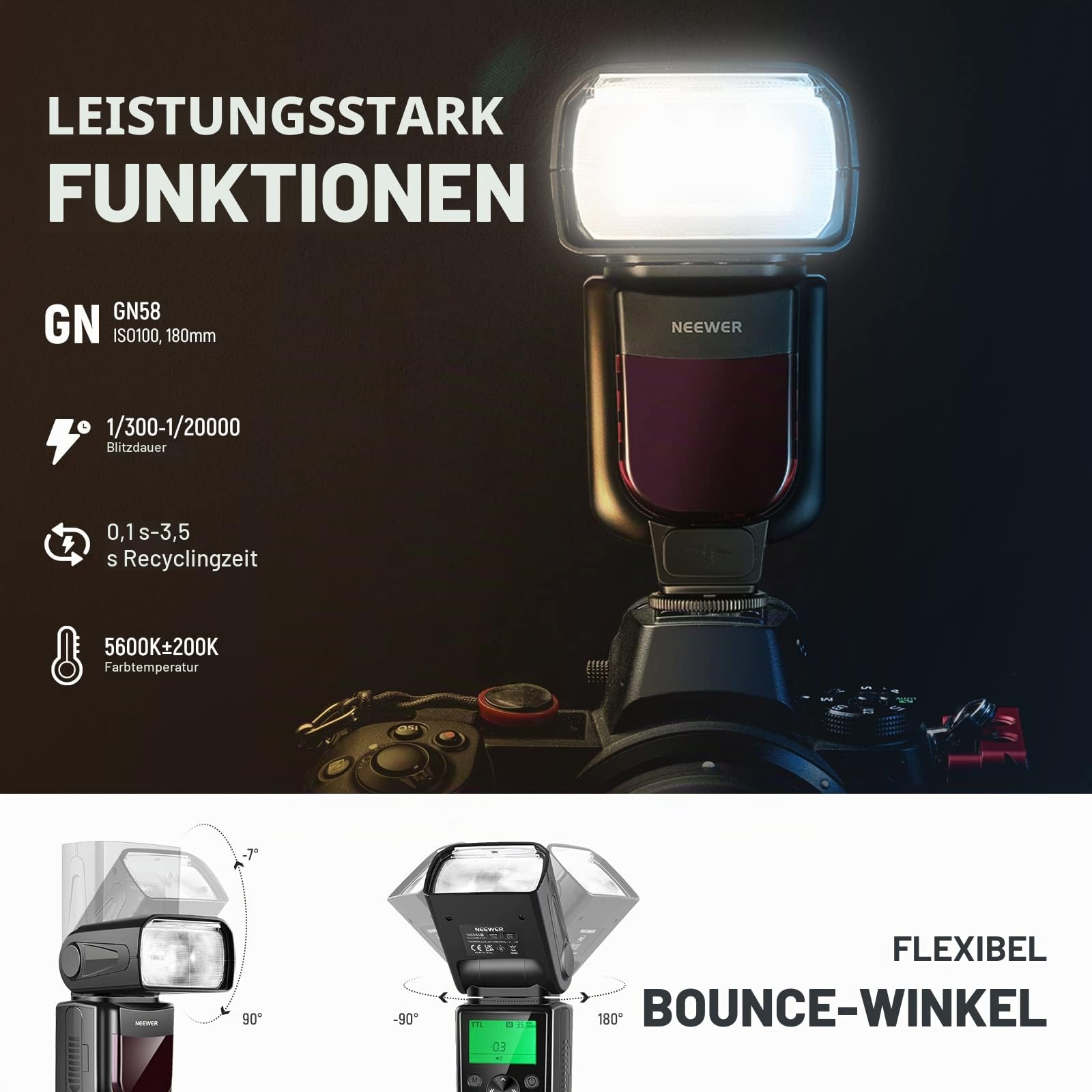 NEEWER NW645II-N TTL Blitzgerät, Blitzlicht mit GN58 HSS Blitz, Speedlight ist Kompatibel mit D4 D5 D6 D90 D750 D780 D800 D810 D850 D3500 D5300 D7500 Z9 Zfc Z50 Z5 Z6 Z7 Z6II Z7II