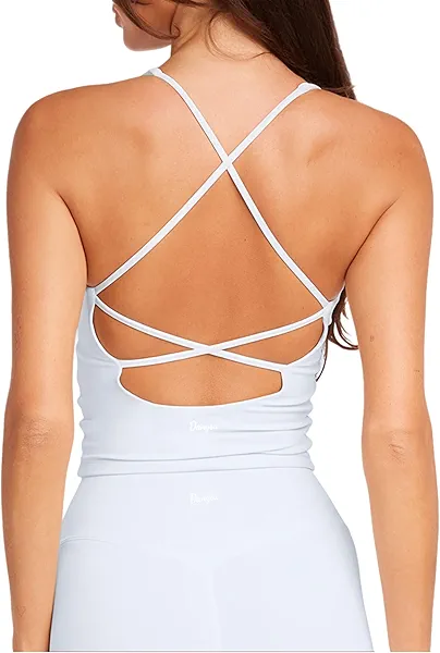 Danysu Sculpt Workout Tank Tops Women Longline Sports Bras Workout Tops for Women Light Support Strappy Padded Yoga Top V Neck Lucent White S