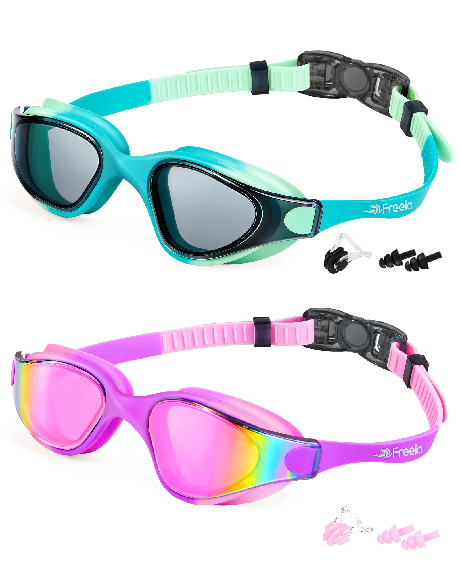 Freela Kinder-Schwimmbrille für 3–16, einteilig, Silikon, 180°-Sicht, Anti-Beschlag-Schutz, UV-Schutz, für Jungen, Mädchen, Jugendliche, 2 Stück