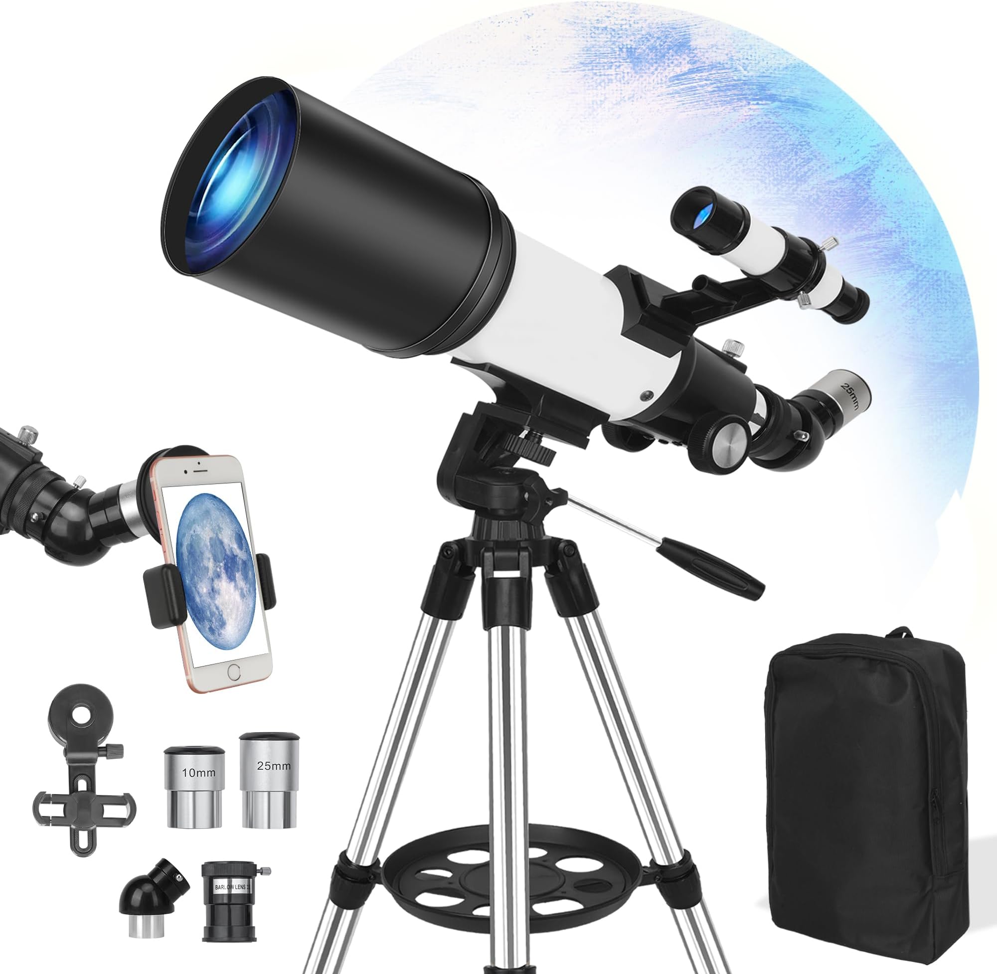 Teleskop Für Erwachsene Und Kinder, 80 Mm Öffnung, 600 Mm, Teleskop Für Erwachsene, Leistungsstark, Anfänger In Der Astronomie, Um Planeten Zu Sehen, Mit Handy-Adapter Und Mondfilter, Tragetasche