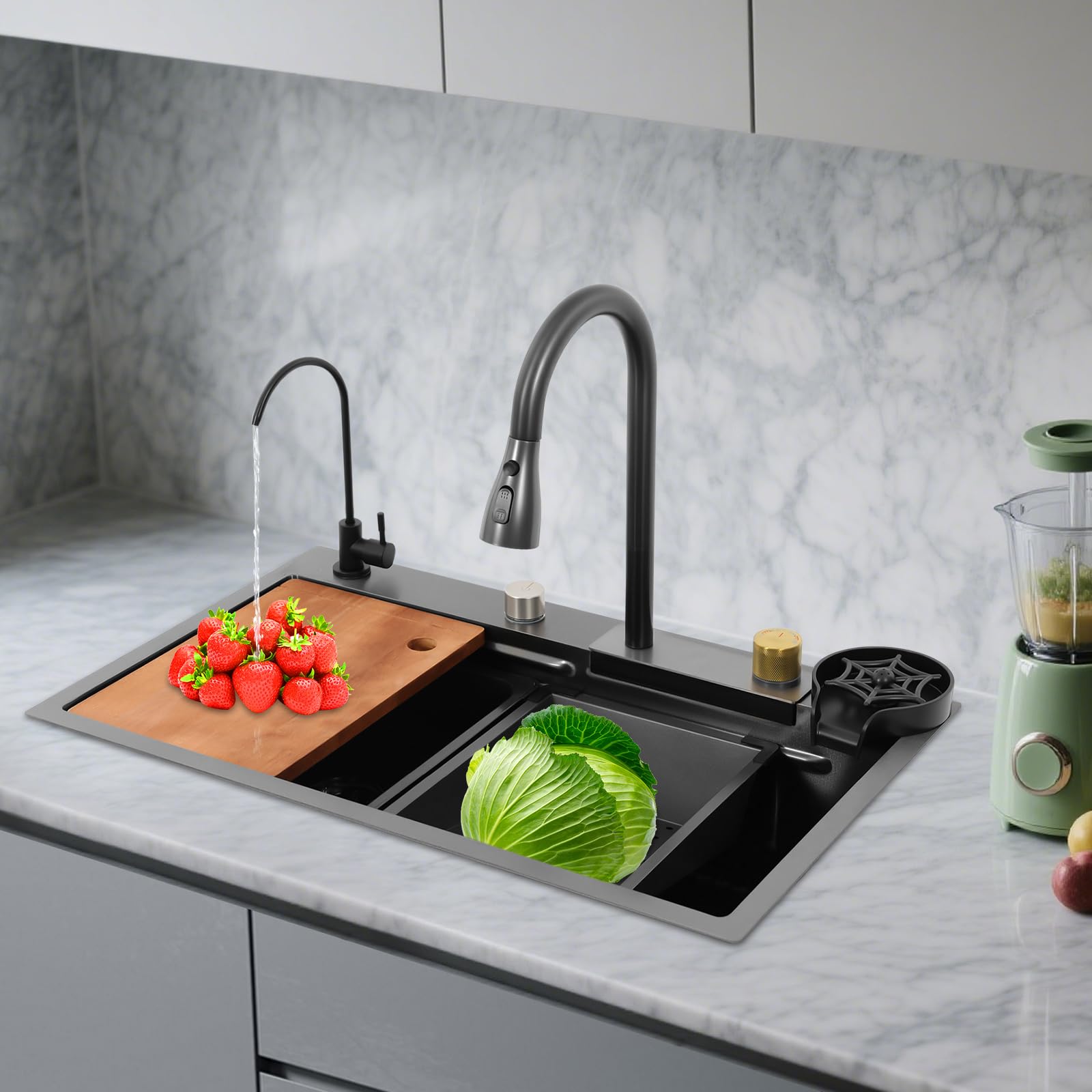 Wasserfall Spüle Küche mit 4 Wasserauslassmod Multifunktionale Haushaltsspüle Set Edelstahl Spülbecken mit Ausziehhahn (75 * 45 * 21cm)