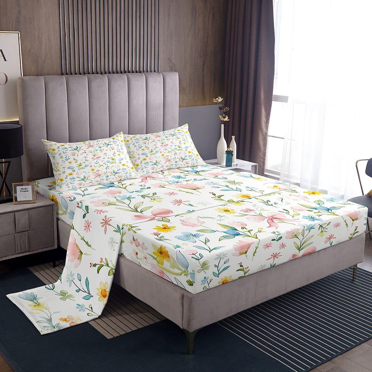 jejeloiu Bow Bed Sheets Set Twin Size Floral Deep Pocket Fitted Sheet Cute Bedding Sets Princess Style Soft Bed Set 3Pcs with 1 Pillow Cases White Pink Blue
