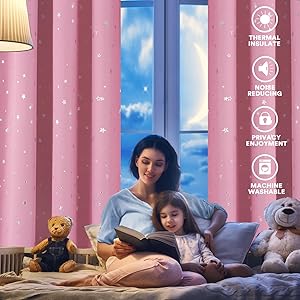 PrinceDeco Blackout Star Curtains for Kids Room Girls Reversible Use Twinkle Silver Stars Cute Drapes for Nursery Thick Soft Curtain Drapes Window Treatment 2 Panels(52 x 63 Inch, Pink)