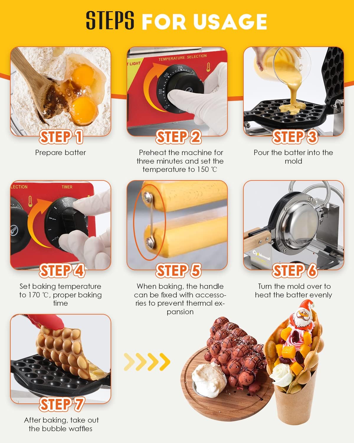 Piastra per Bubble Waffle in Stile Hong Kong CGOLDENWALL Teflon Antiaderente Piastra da Forno Intercambiabile con Rotazione di 180°丨Macchina per Waffle Elettrica 0-300℃ 1500W - Include Ricette