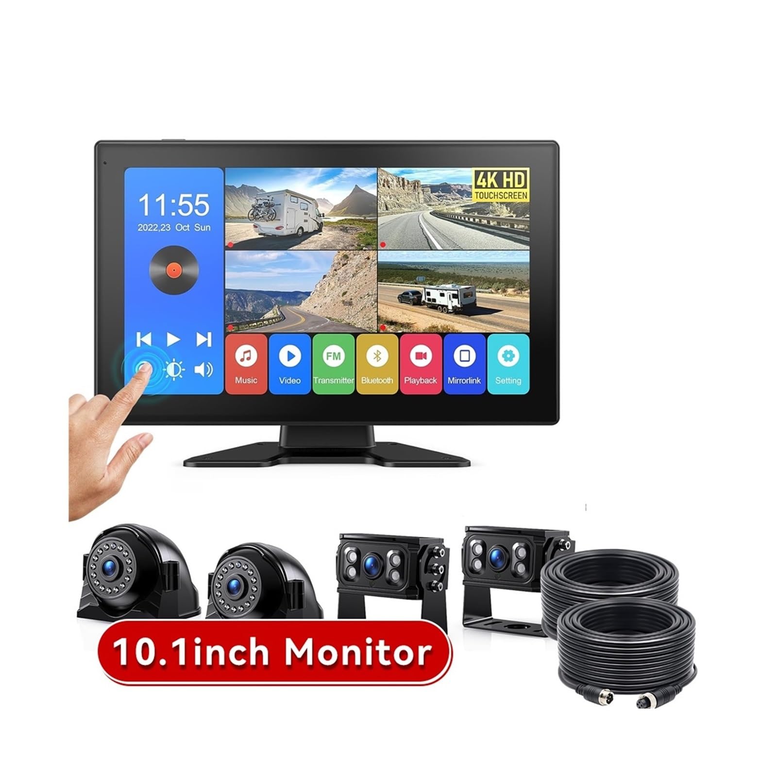Monitor de pantalla táctil dividida de 10,1 "4k 4CH, cámaras de visión trasera de 1080P, grabación DVR, Bluetooth, música, visión nocturna for camión RV(None)
