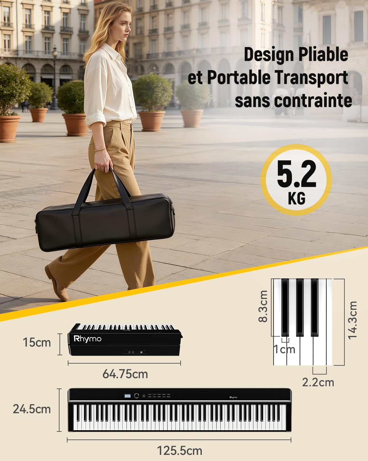 Piano Pliable 88 Touches, Rhymo Piano Numérique Portable avec Touches Semi-Lestées Taille Réelle, Haut-parleurs 30W, Bluetooth MIDI, Pédale de Sustain, Autonomie 10h, Débutants & Adultes (Noir)