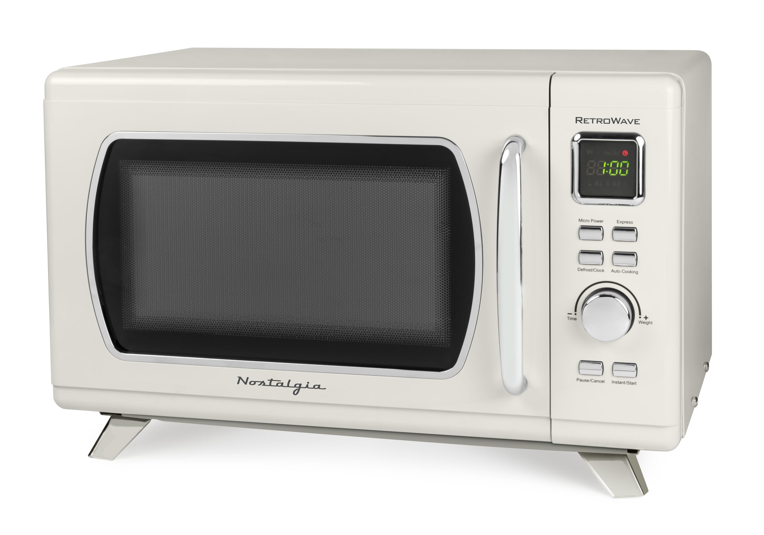 Nostalgia Mid-Century Retro Countertop Microwave Oven - Large 900-Watt - 0.9 cu ft - 8 Pre-Programmed Cooking Settings - Digital Clock - Kitchen Appliances - Cream
