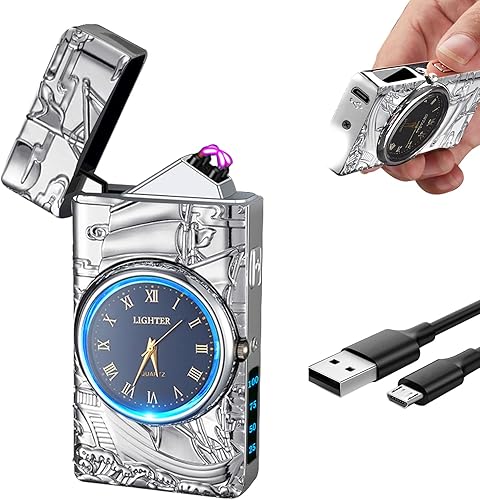 Vista 16 de Encendedor de dragón, encendedor de reloj, encendedor eléctrico a prueba de viento de plasma de doble arco, encendedor USB recargable con indicación