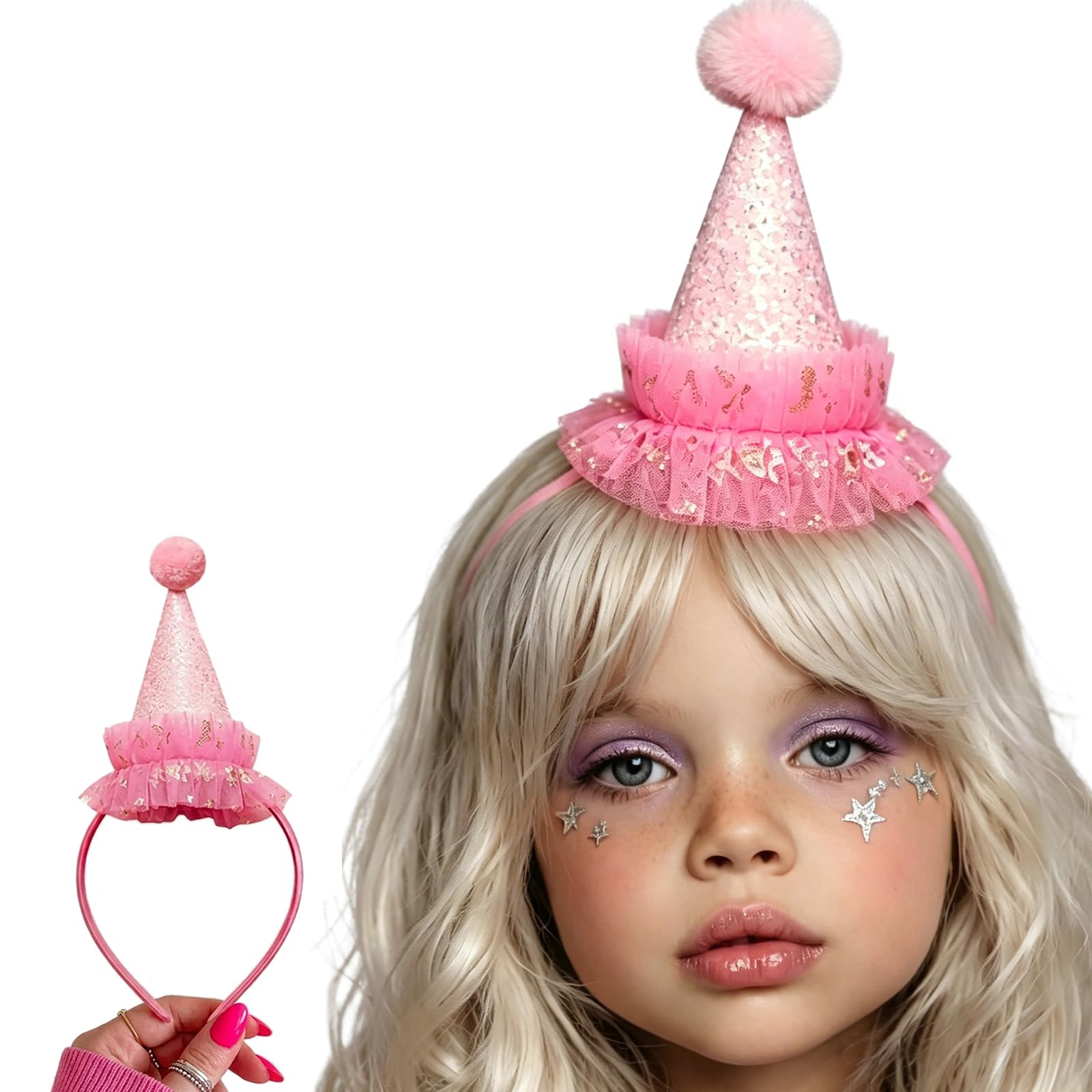 Shewant Sparkly Pink Ruffle Glitter Bitrhday Party Hat Headband,PomPom Princess Fairy Costume Accessory Party Decoration Headwear