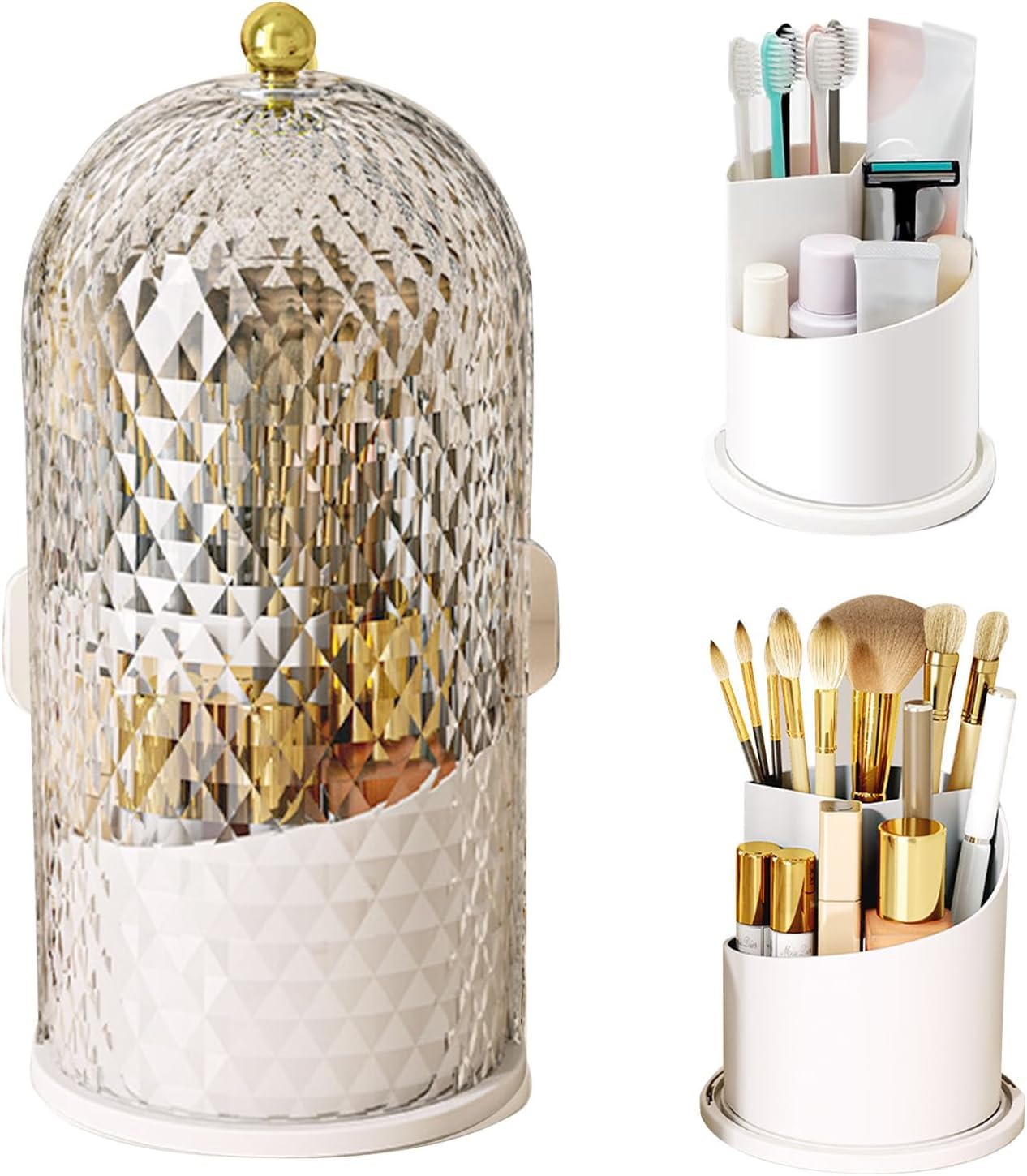 Concealed Toothbrush Holder, Makeup Brush Holder Organizer with Lid 360 Rotating Clear Dustproof for Dresser Tabletop Bathroom Countertop (White)