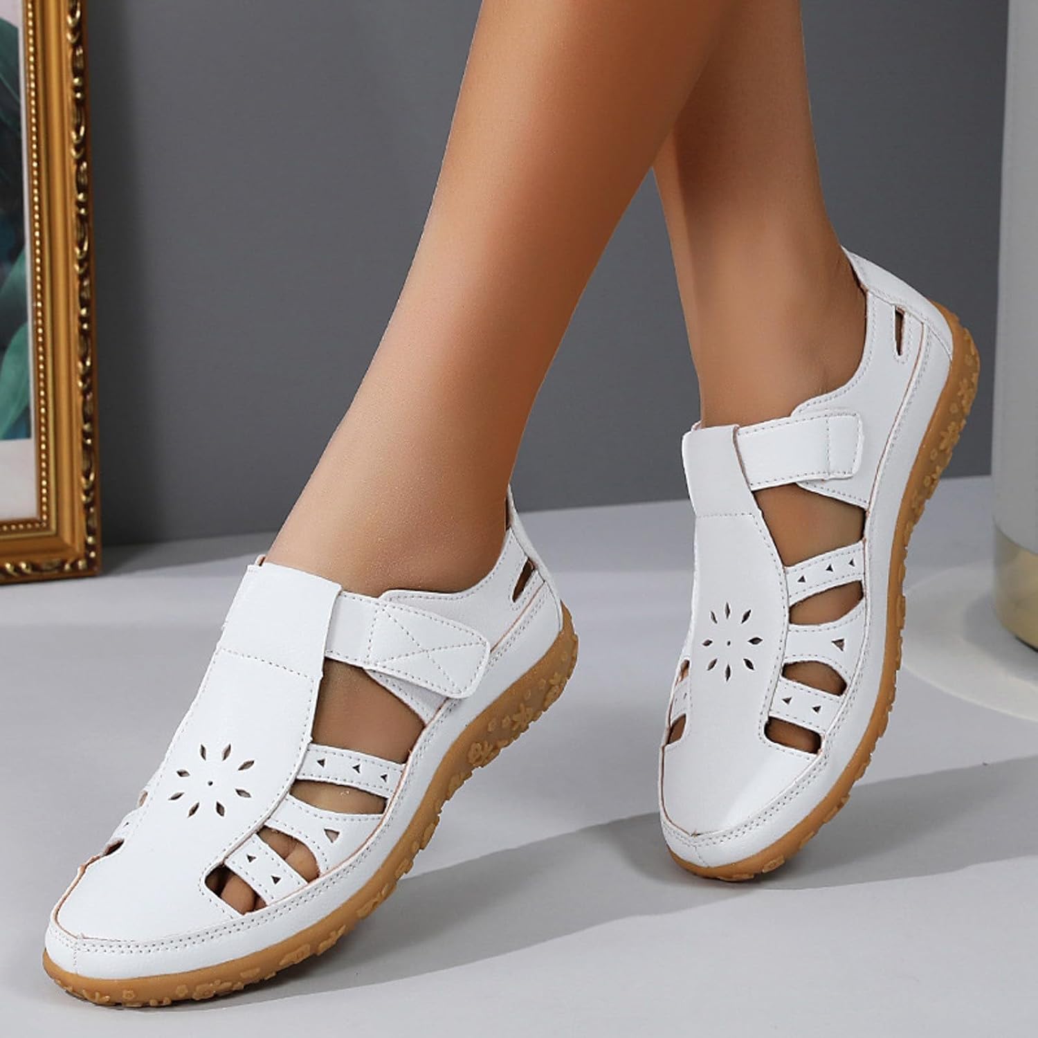 Closed Toe Sandals for Women 2026,Womens Wedge Sandal Comfortable Ankle Strap Flat Loafers Slip On Casual Hollow Out Fashion Adjustable Dressy Breathable Flats Work Walking Shoes