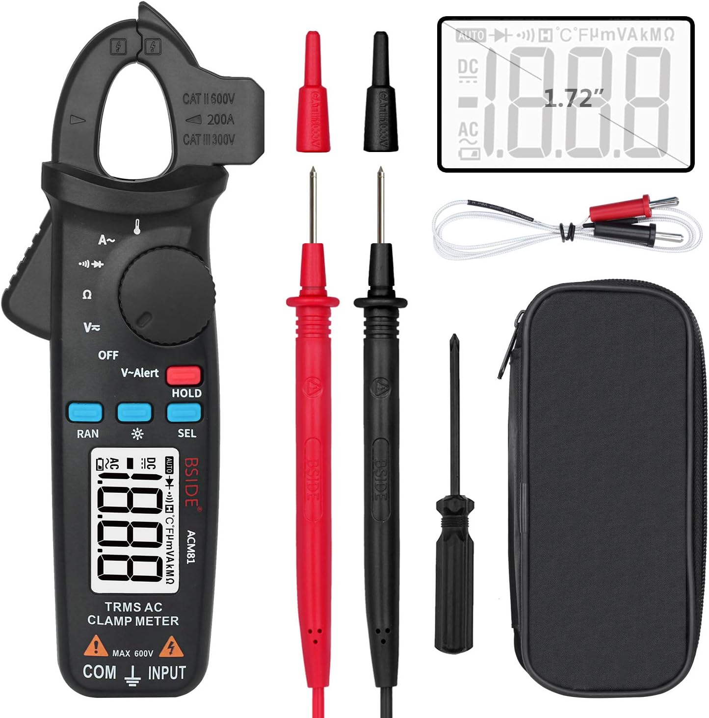 Bside 1mA Clamp Meter True Rms Auto Range Multimeter AC Current Temperature Diode Voltage V Alert Tester with Back Clip
