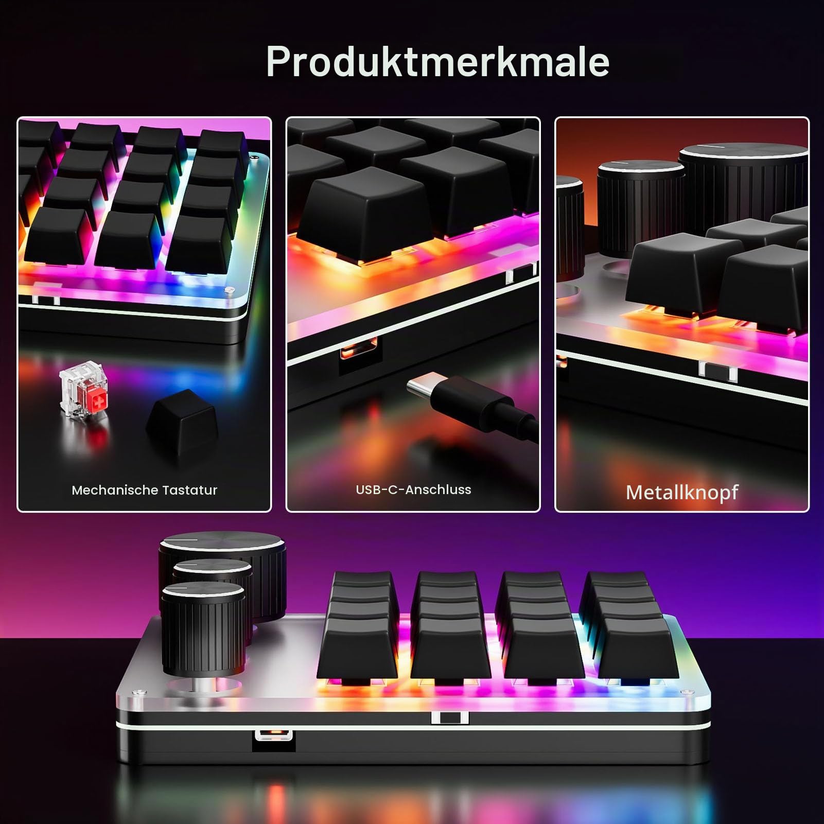 Programmierbare Makrotastatur, 16 Tasten Kabelmechanische Spieltastatur, 3 Benutzerdefinierte, Kopieren Sie Makropolster mit Rotem Schalter EIN. (Black)