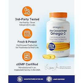 OmegaVia Ultra Concentrated Omega 3 Fish Oil Burpless, 60 Softgels, Triple Strength Omega 3 Fish Oil Supplements, 1135 mg Pure Omega3, No Fishy Burps, High EPA DHA DPA, IFOS 5-Star