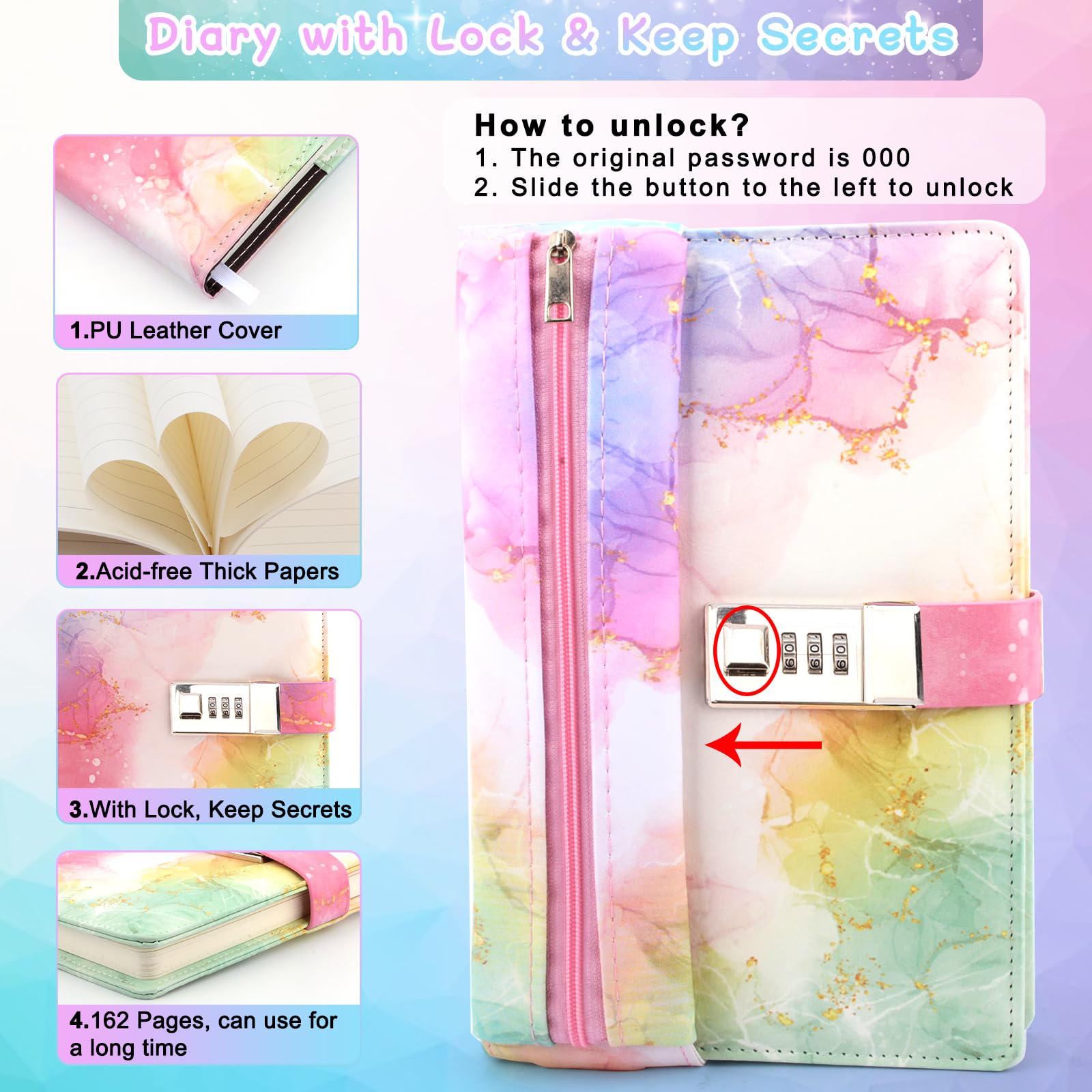 Set Diario Con Lucchetto E Borraccia Per Ragazze - Regalo Compleanno 7-14 Anni, Con Penna, Astuccio, 600ml