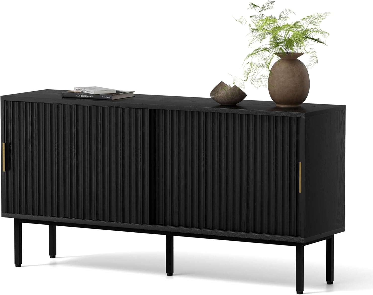 Black Fluted Tv Stand with Sliding Doors, 47" Mid Century Entertainment Center with Adjustable Shelf, Wooden Media TV Console with Storage Cabinet