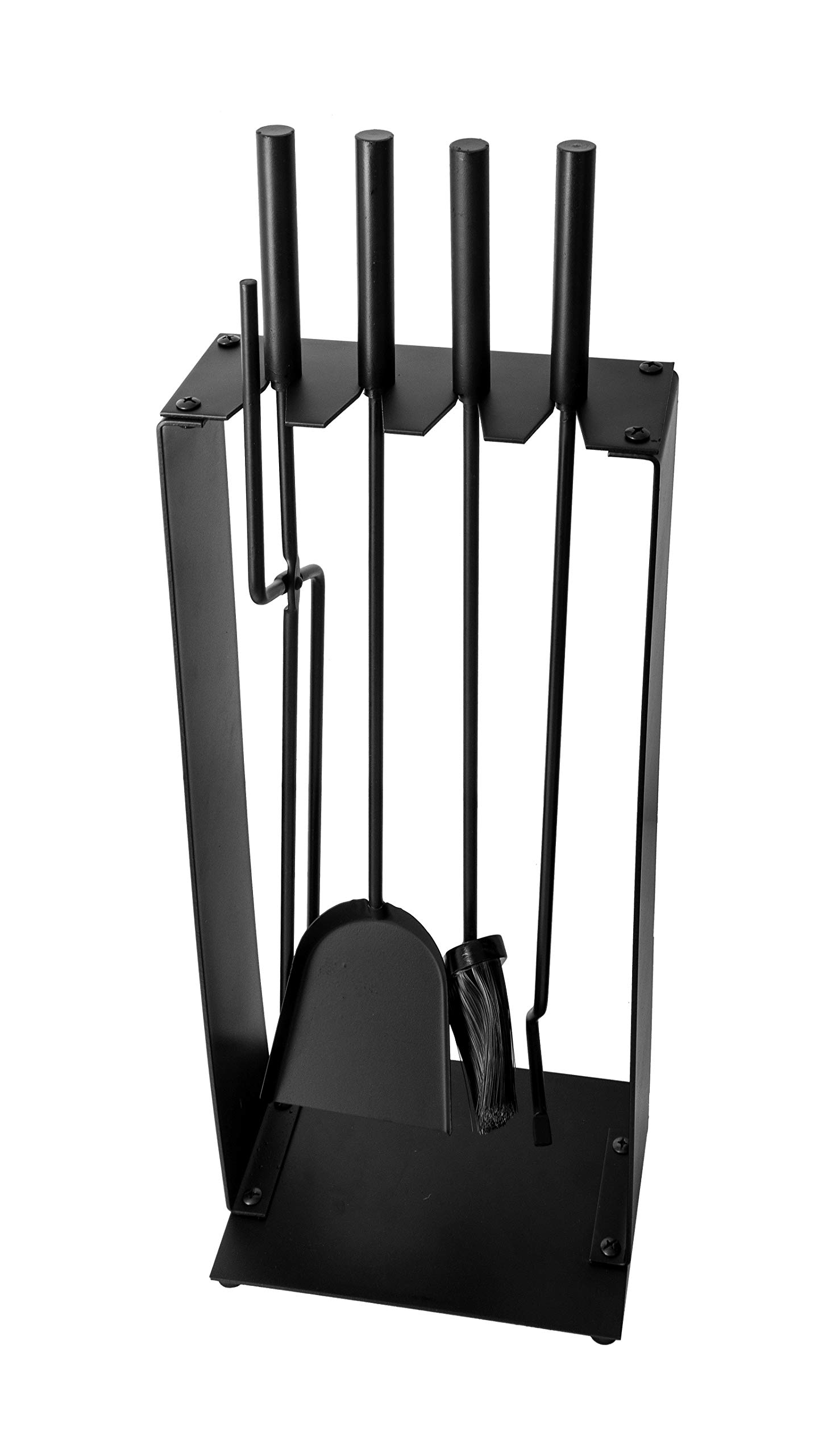 ADGO Kaminwerkzeug Modern 5-teiliges Kaminzubehör set 23,5 x 17 x 57 cm Ofenbesteck kaminbesteck: Schürhaken, Bürste, Kehrblech, Zange, Ständer, Edelstahl, schwarz lackiert