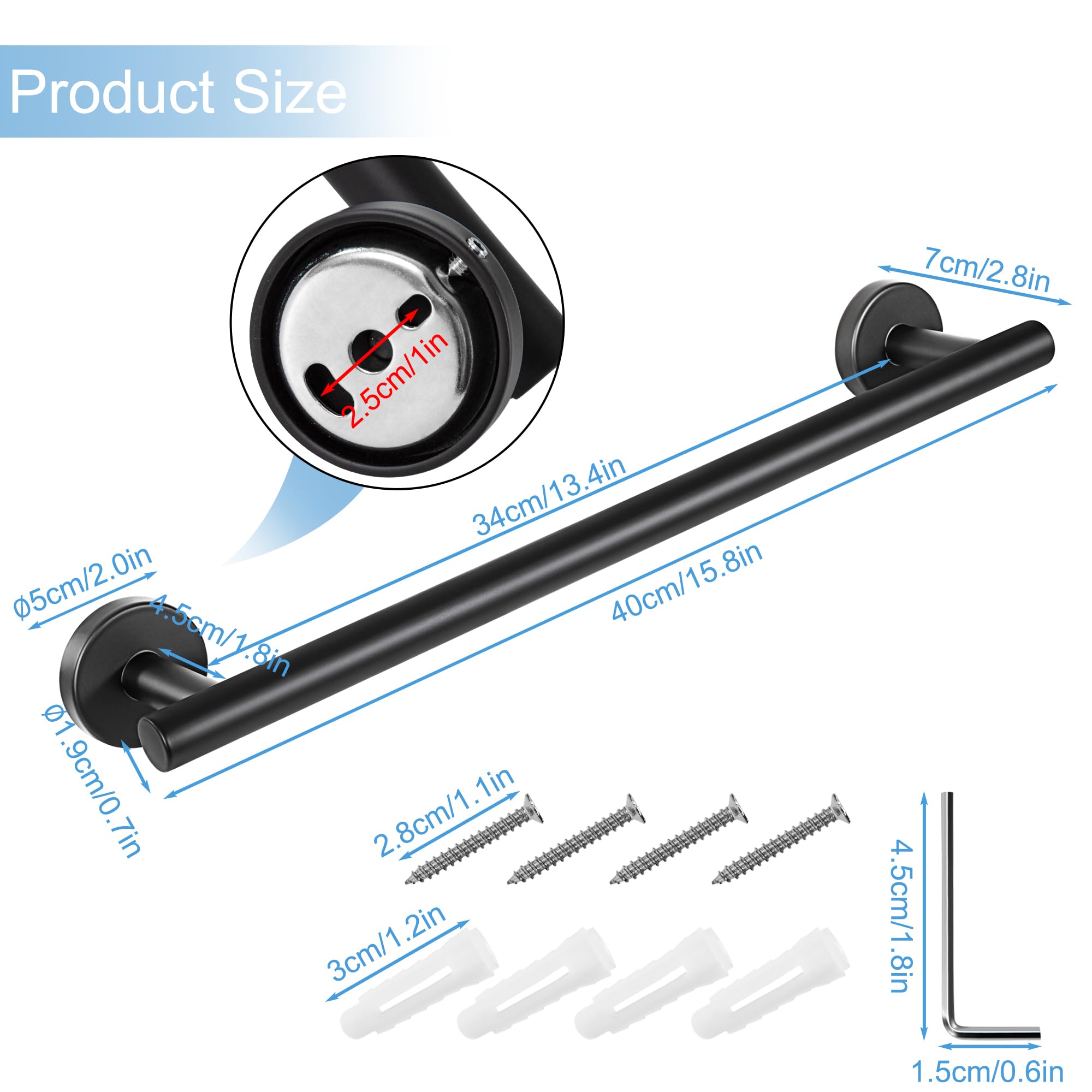 Toallero Montado en la Pared Acabado Cepillado de Acero Inoxidable 304 Pequeño Soporte de Toalla para Baño y Cocina 40cm (Negro)