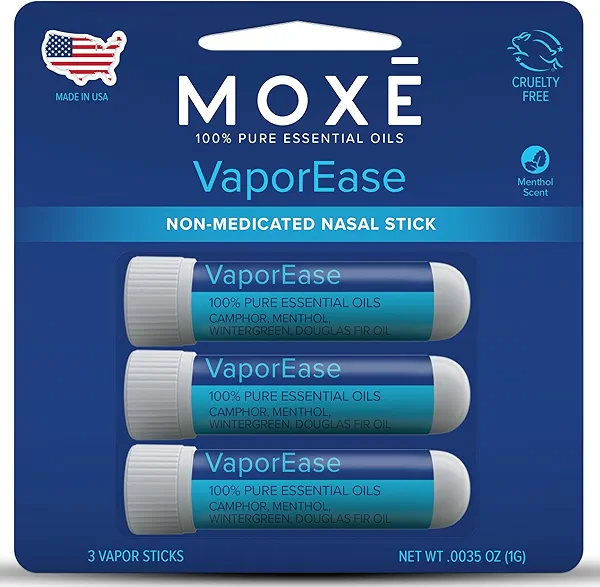 MOXE VaporEase, Portable Nasal Inhaler On-The-Go, Non-Medicated, Made in USA, Soothing and Refreshing Vapors, Menthol Scent, 3 Pack
