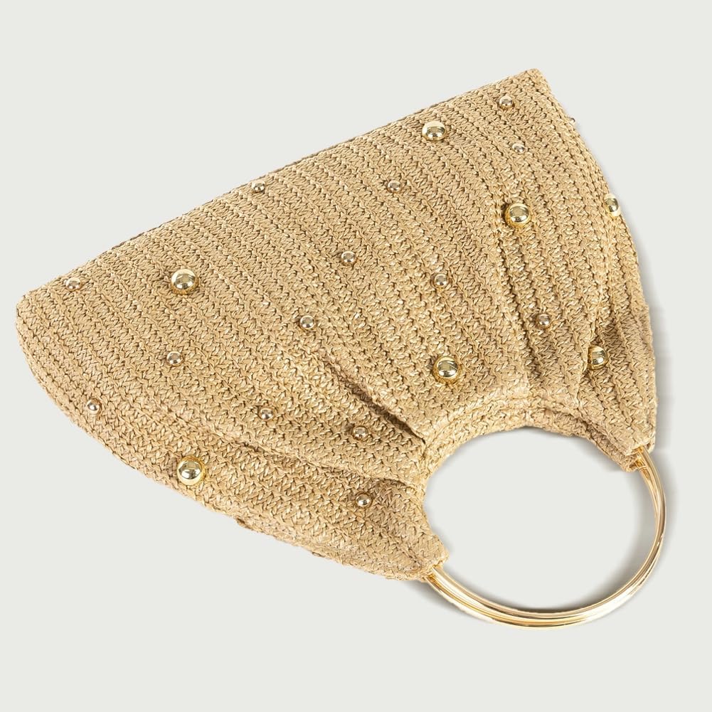 Trendy Straw Clutch Purse for Women Round Handheld Evening Handbag Exquisite Metal Beaded Bag Party Wedding Top-Handle Purse - Image 4