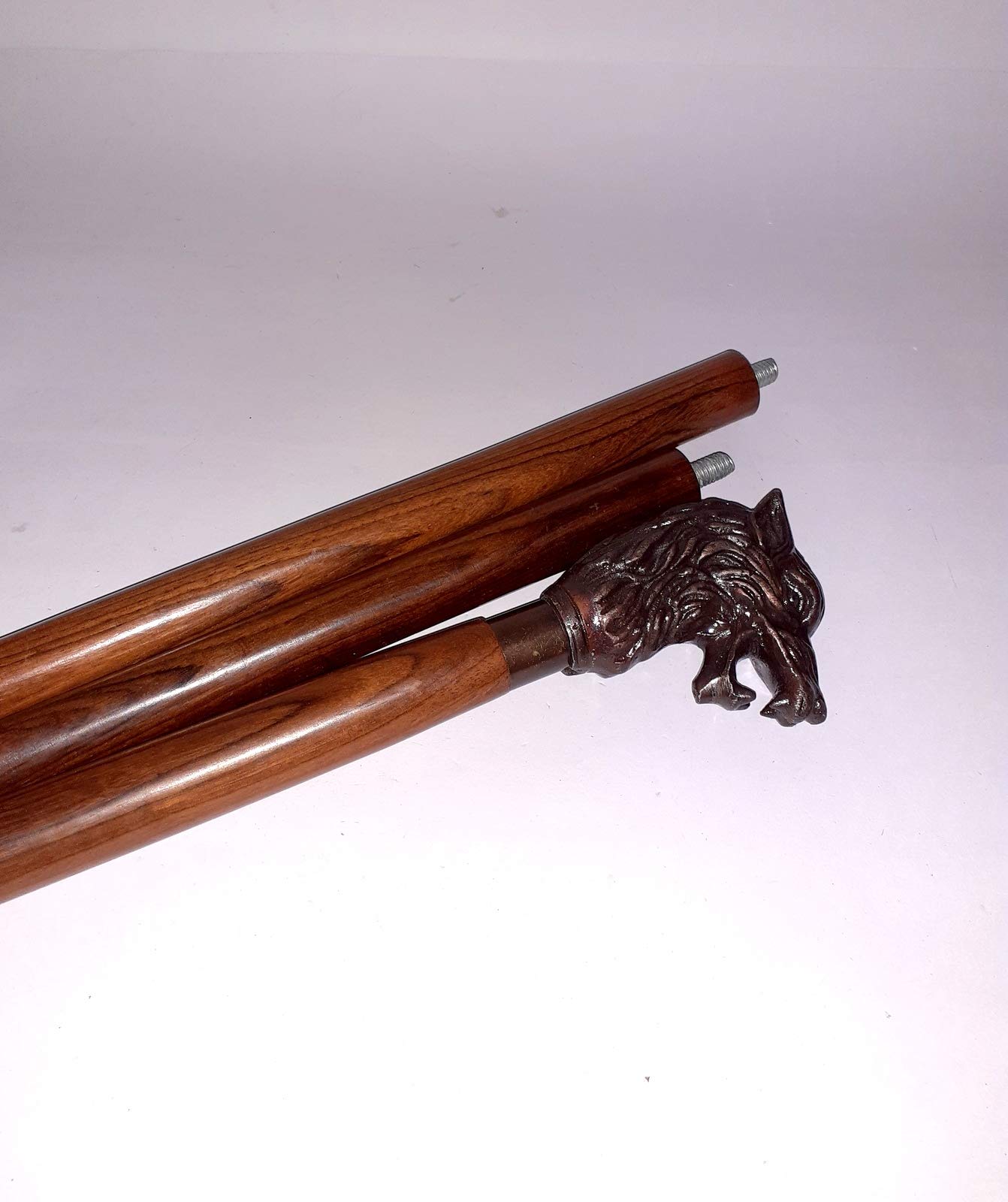 Canne de marche ergonomique tête de loup marron antique en laiton stable