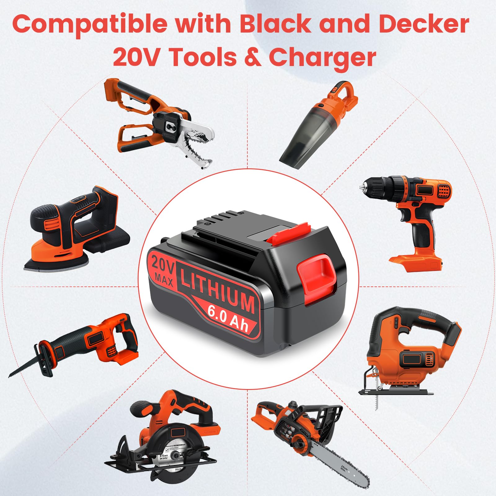 Djsanu Batterie de remplacement pour Black+Decker LBX4020, 20 V max 6000 mAh, batterie de rechange au lithium 20 V pour LBXR20 LBXR20B LBXR2020, compatible avec les outils électriques sans fil et