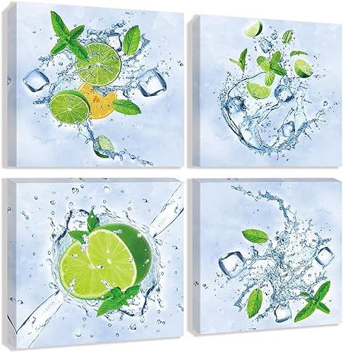 Imágenes verdes de cocina con frutas para decoración de pared, hojas de limón y menta, impresiones en lienzo, pinturas de hielo, arte de pared para disponible en Yaxa Peru
