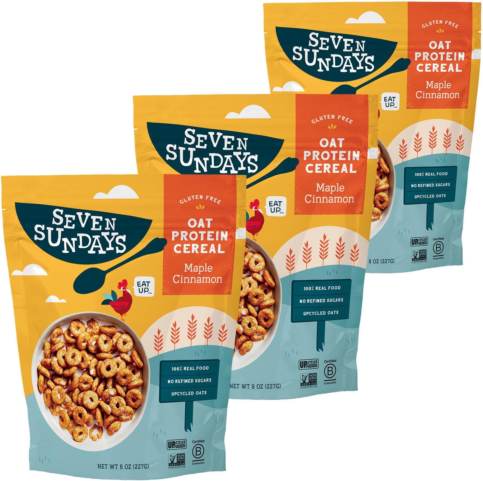 Oat Protein Cereal, Maple Cinnamon, 8 Oz Bag (Pack of 3), Gluten Free, 5g Upcycled Protein, 0g Refined Sugar, Crunchy Sweet Snack