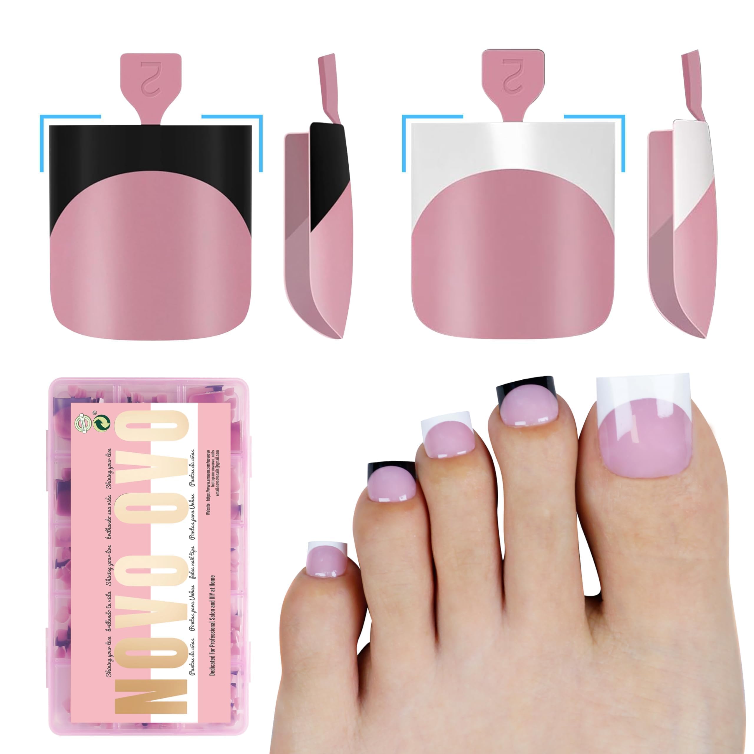 Halloween Black and White Mix Color French Tip Toe Nail Tips Press on, Sharp Square Pre-Designed Soft Gel False Toenail Extension, Medium Fake