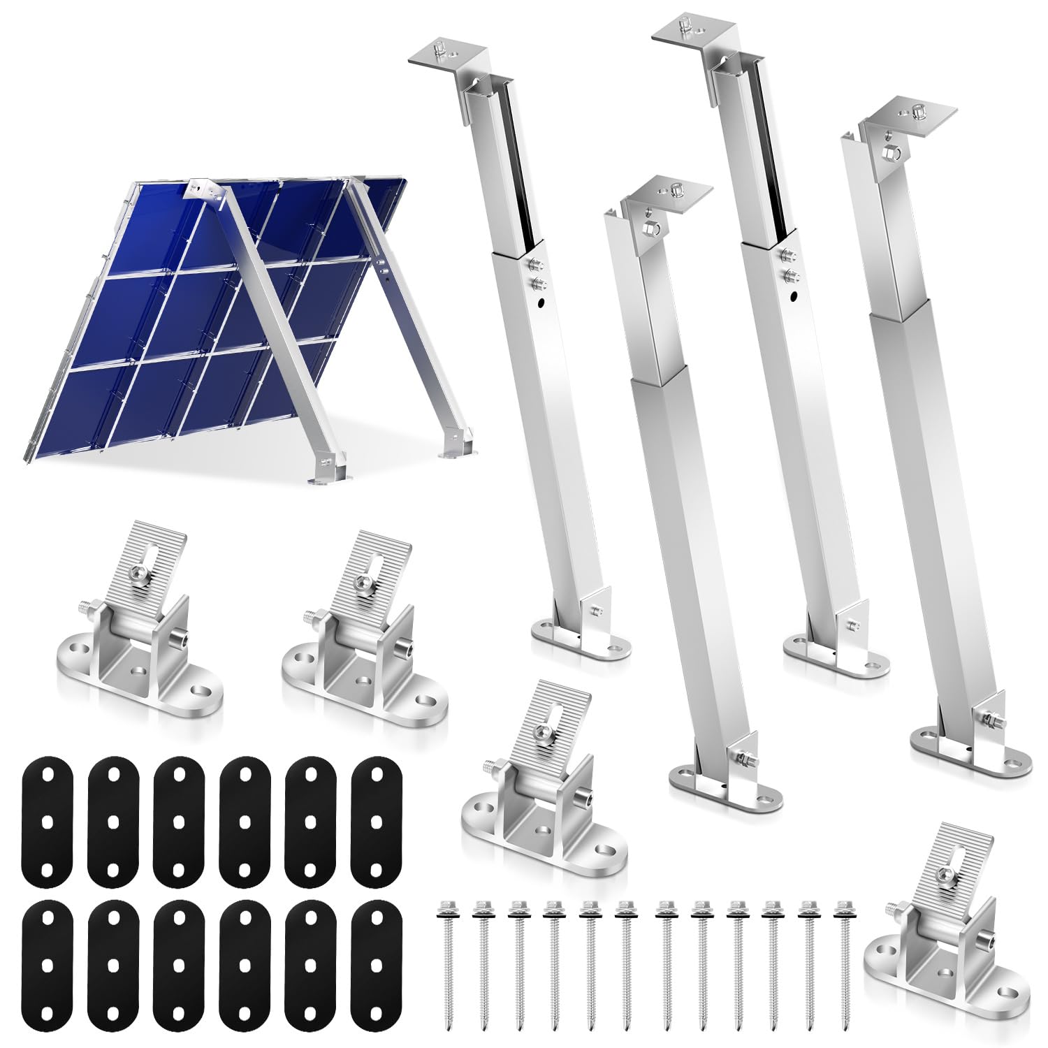 Solarpanel Halterung 4er Set 0-60° verstellbar Aluminium | Aufständerung 38-68 cm höhenverstellbar, Solarmodul Halterung für Balkonkraftwerk, Flachdach, Wand, Wohnmobil & Boot