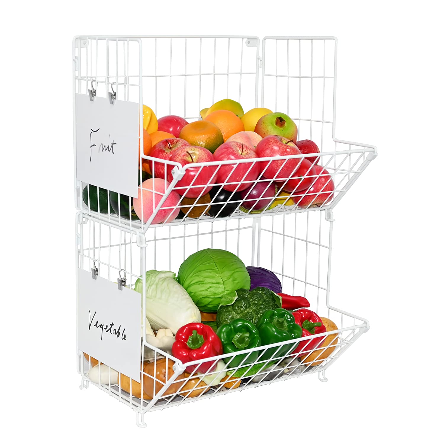 SUFAUY 2-Tier Stackable Fruit and Vegetable Basket, Wall-mount & Countertop Market Basket with Chalkboard for Potato Onion Storage, Pantry Organization Kitchen Basket for Fruit Veggies Produce Snack Canned Foods, White