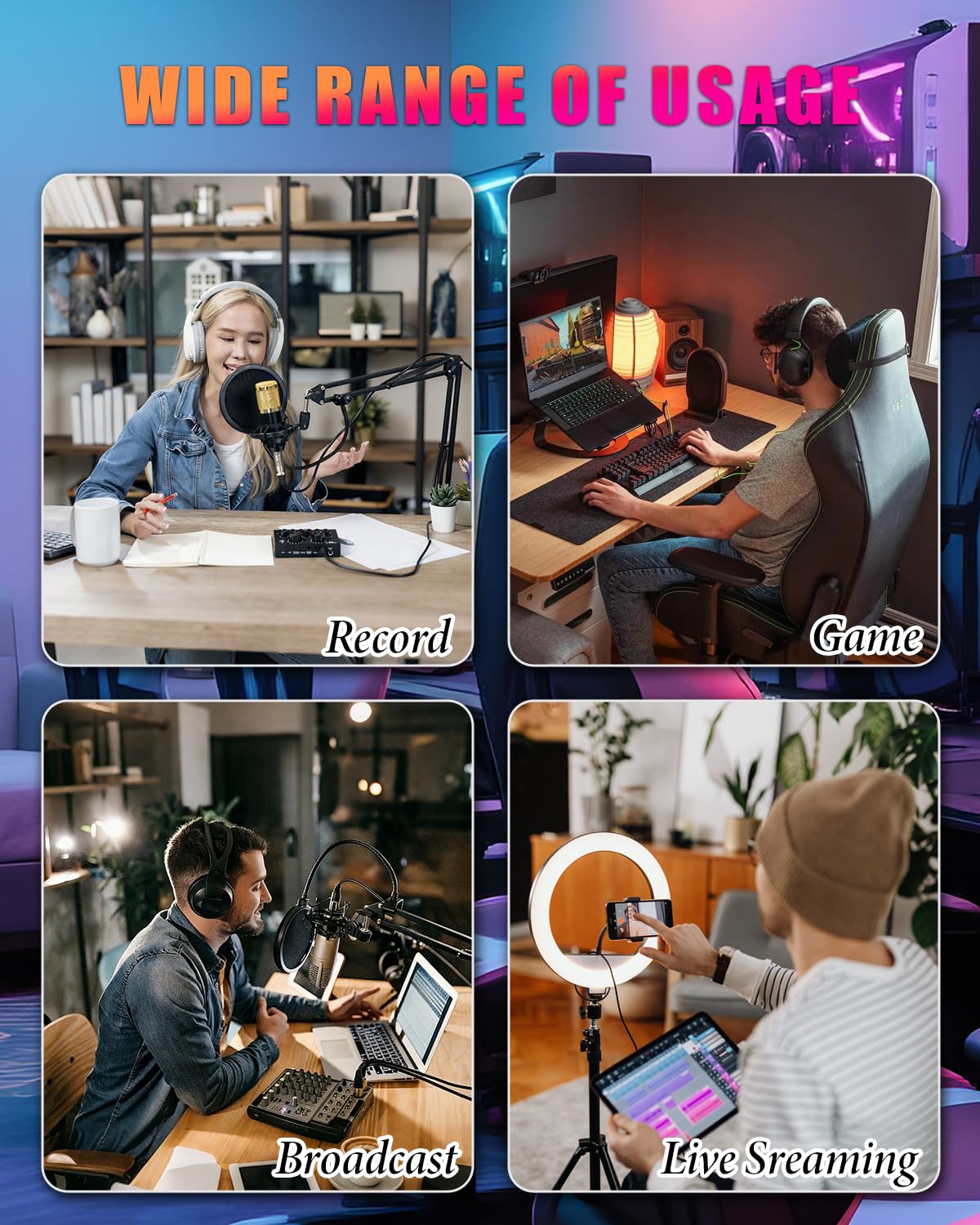 Podcast, microfono bundle, studio completo di registrazione con 2 microfoni, podcasting e distorsione vocale, mixer audio all-in-one perfetto per streaming live, podcast, registrazione, canto, gioco